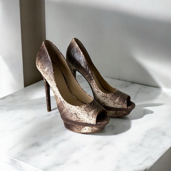 Brian Atwood Brown and Crème Snakeskin Peep-Toe Platform High Heels sz 11 - Picture 2 of 10